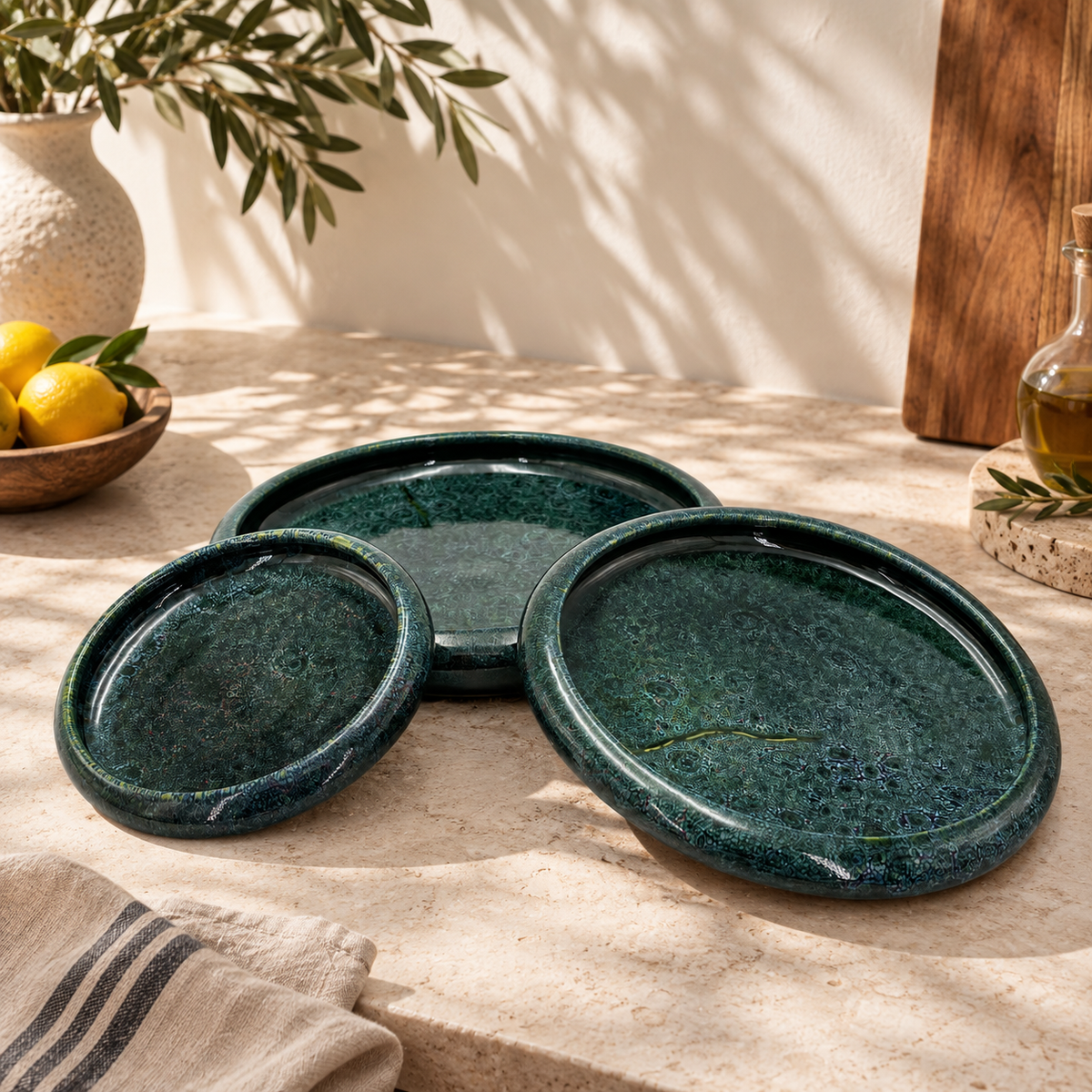 Handmade Moroccan ceramic nesting plates set of 3 in dark green speckled glaze