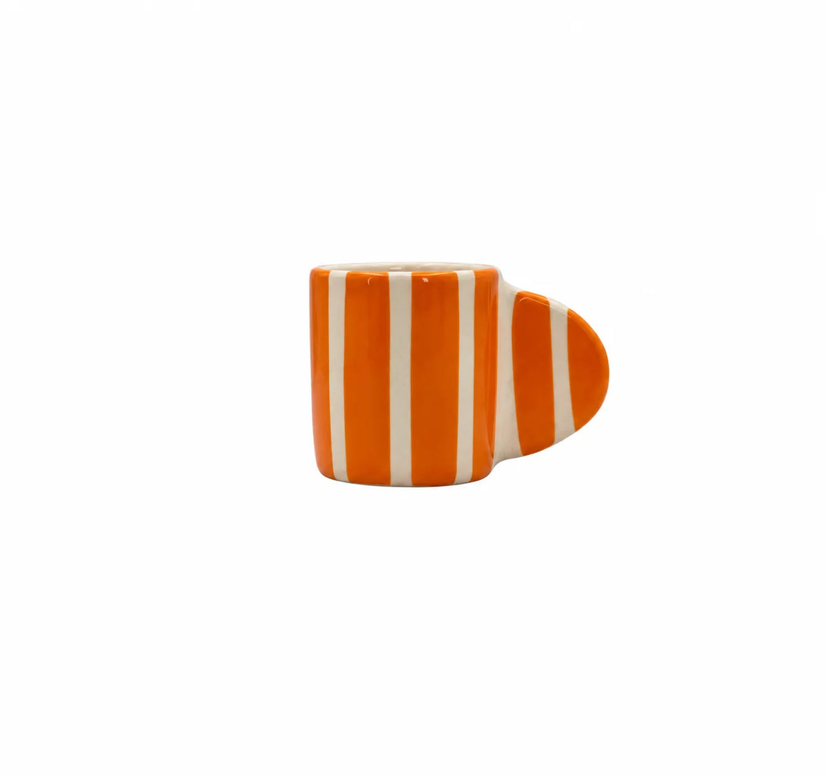 An orange and white vertically striped ceramic cup with a handle, shown against a plain white background.