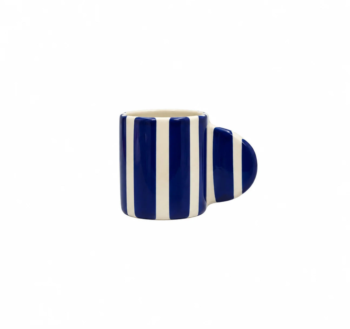 A small ceramic mug with a unique side handle shaped like a teardrop, featuring vertical navy blue and white stripes.