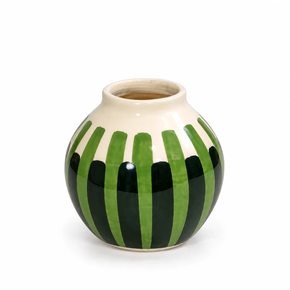 A small round ceramic pot with a glossy finish, featuring a cream-colored upper section and a lower section decorated with alternating vertical stripes of dark green and light green, set against a plain white background.