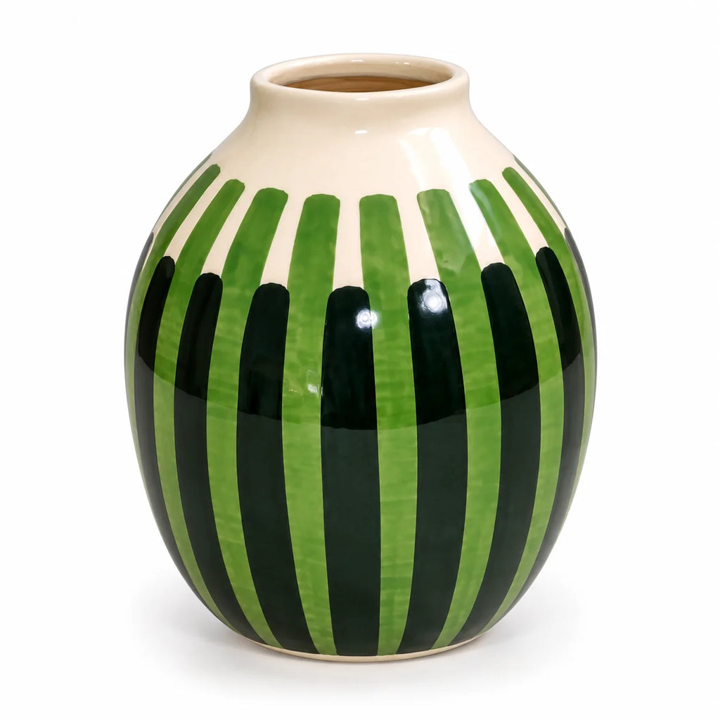 A ceramic vase with a glossy finish, featuring a cream-colored upper section and a lower section decorated with alternating vertical stripes of light green and dark green.