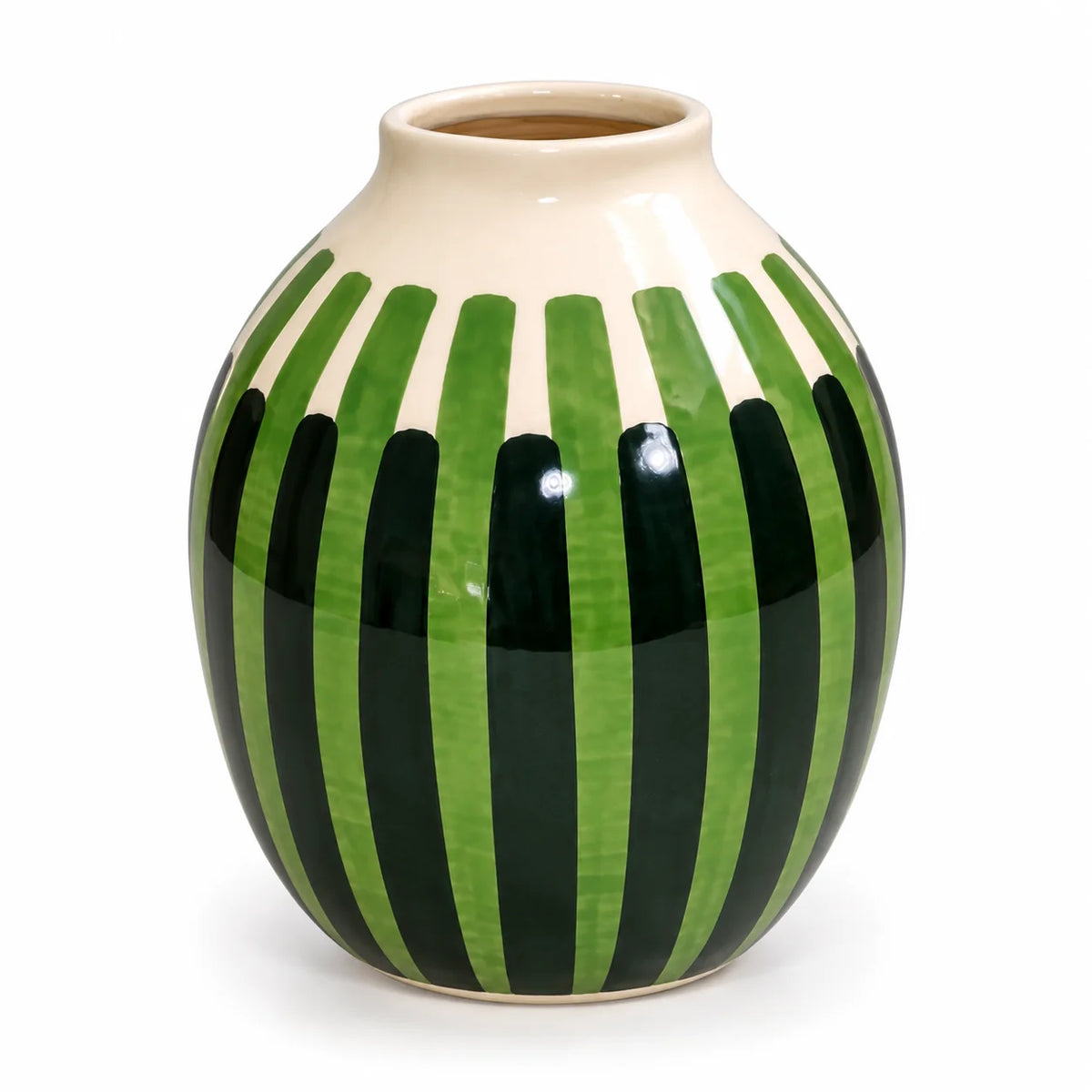 A ceramic vase with a glossy finish, featuring a cream-colored upper section and a lower section decorated with alternating vertical stripes of light green and dark green.