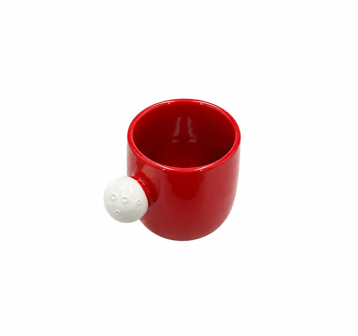 A glossy red ceramic mug with a spherical white handle featuring small raised dots, shown on a plain white background.