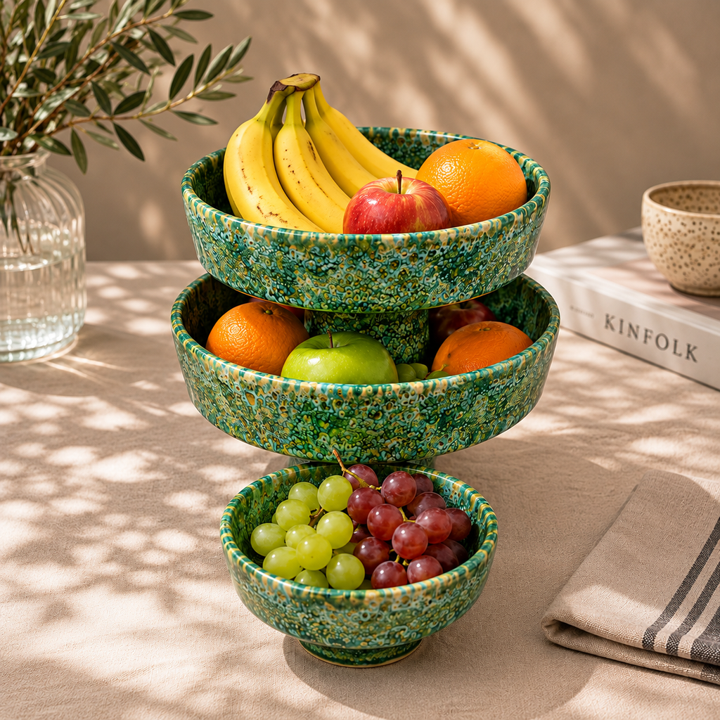 Handmade Moroccan ceramic 3 tier fruit stand in green speckled glaze filled with fresh fruit