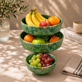 Handmade Moroccan ceramic 3 tier fruit stand in green speckled glaze filled with fresh fruit