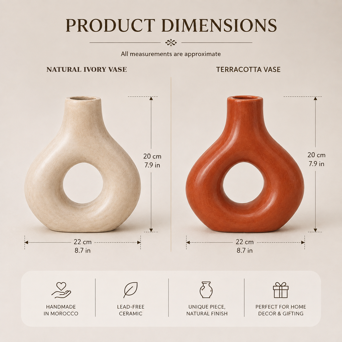 Handmade Moroccan ceramic vase in Natural Ivory and Terracotta, sculptural home decor, 20 cm high and 22 cm wide