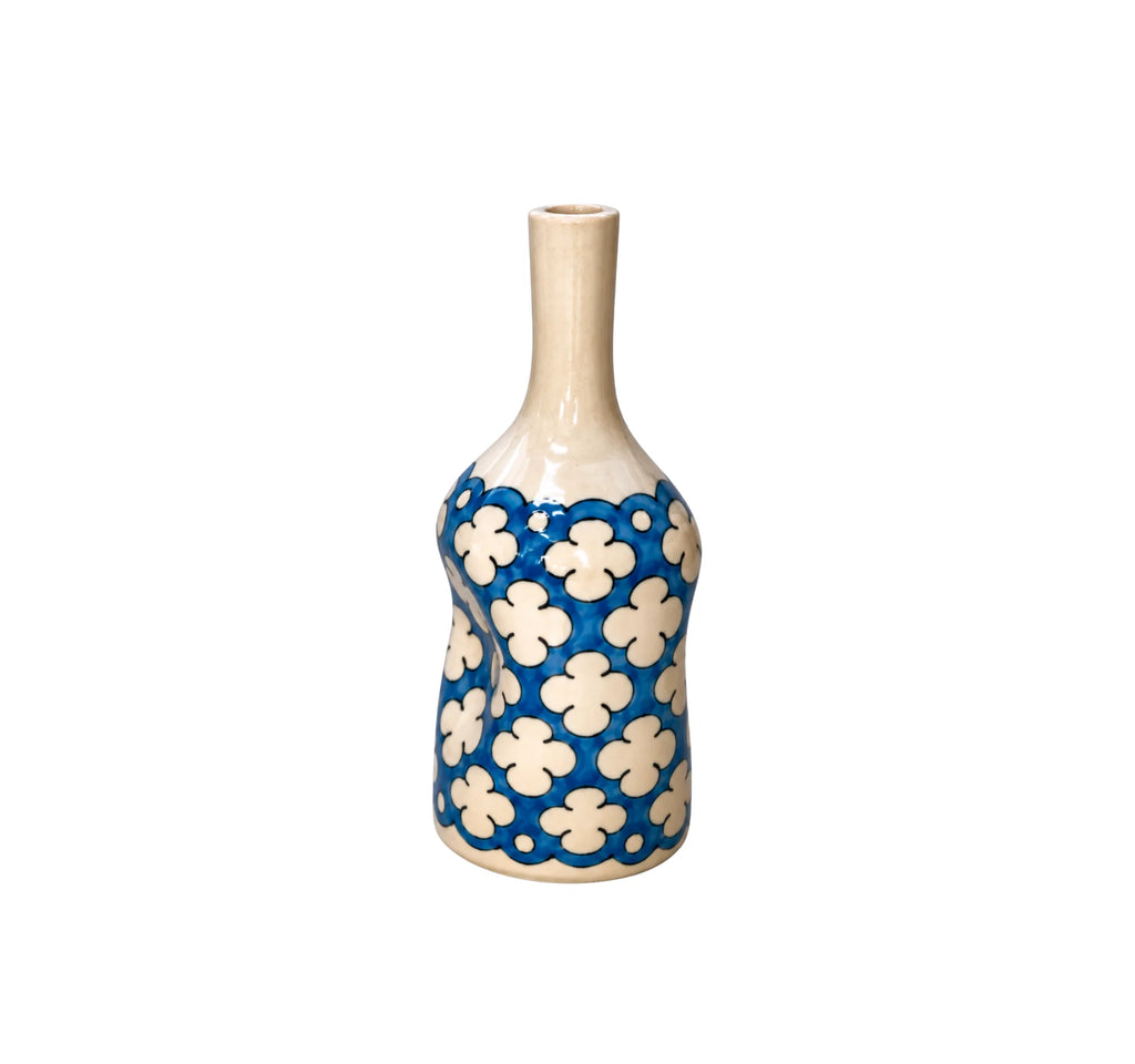 Artisan Ceramic Vase – White & Blue Floral
