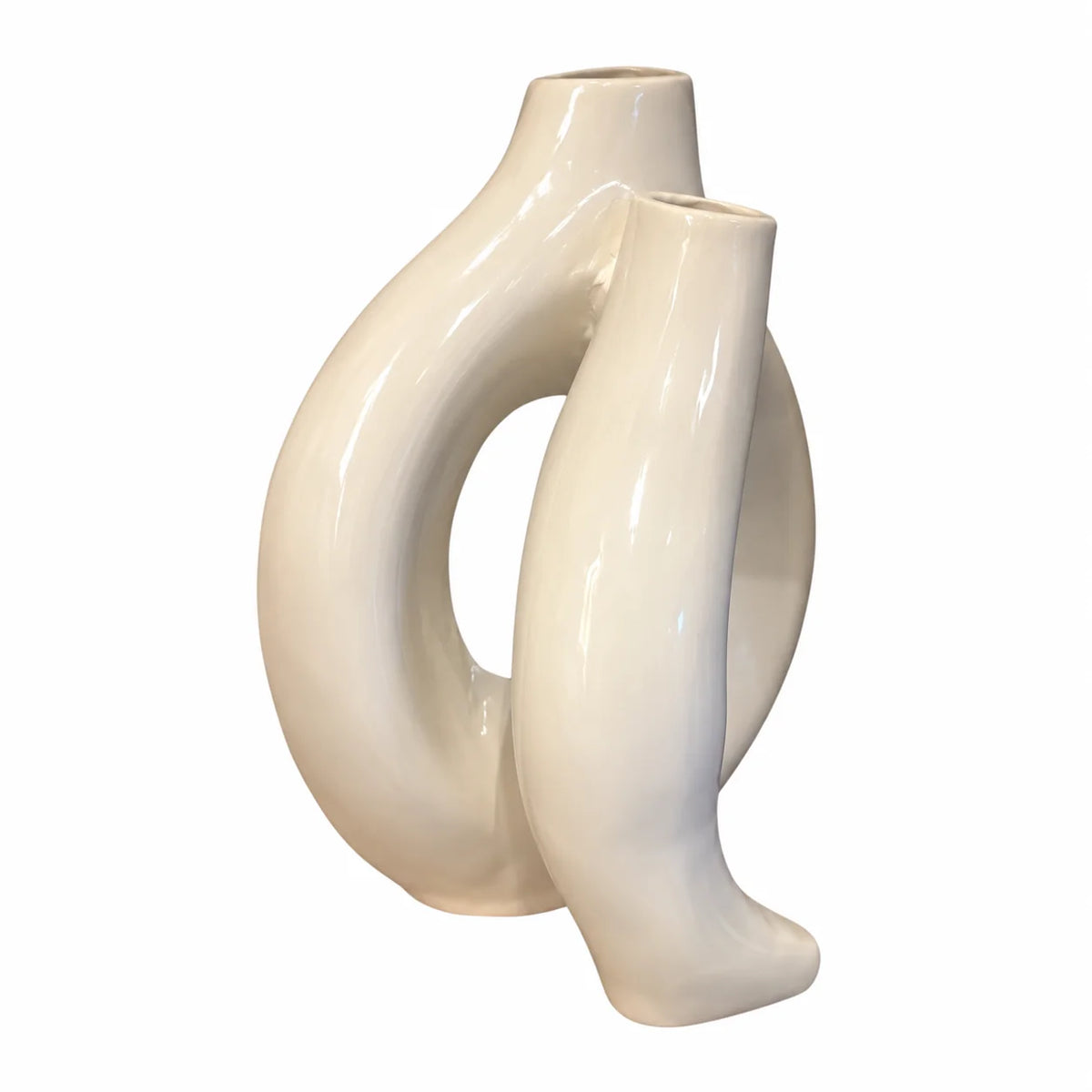 A glossy ceramic sculptural vase with an organic, intertwined looped shape in an off-white or cream glaze, set against a plain white background.