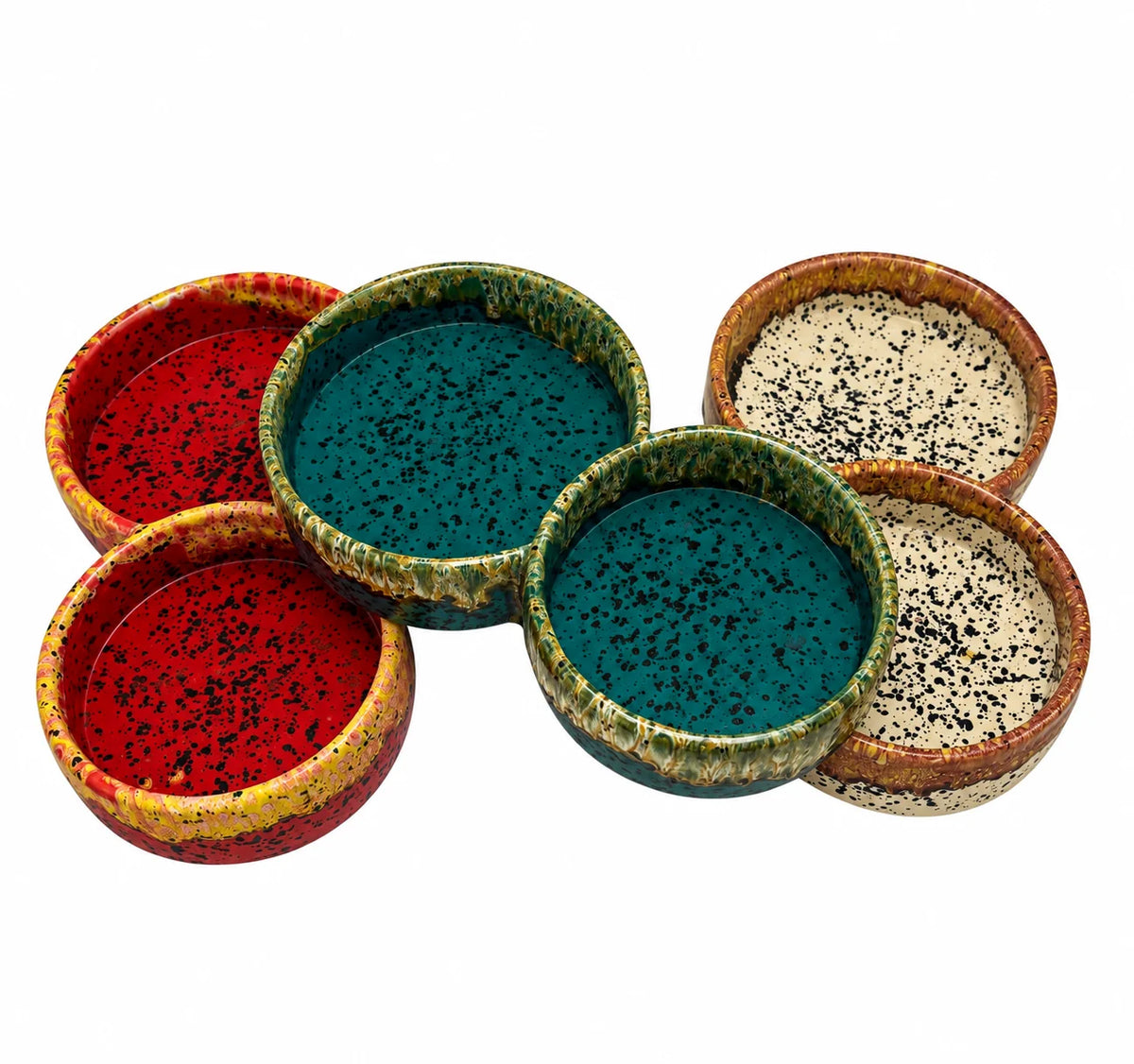 Six round ceramic bowls with textured, speckled glazes in red, teal, and cream tones, arranged on a plain white background.