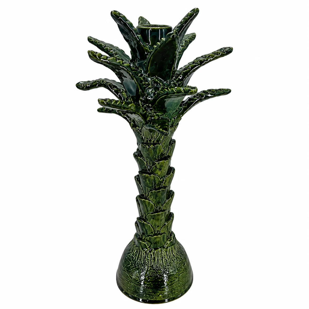 A green glazed ceramic palm tree candle holder with a textured stem and leafy crown, shown on a plain white background.