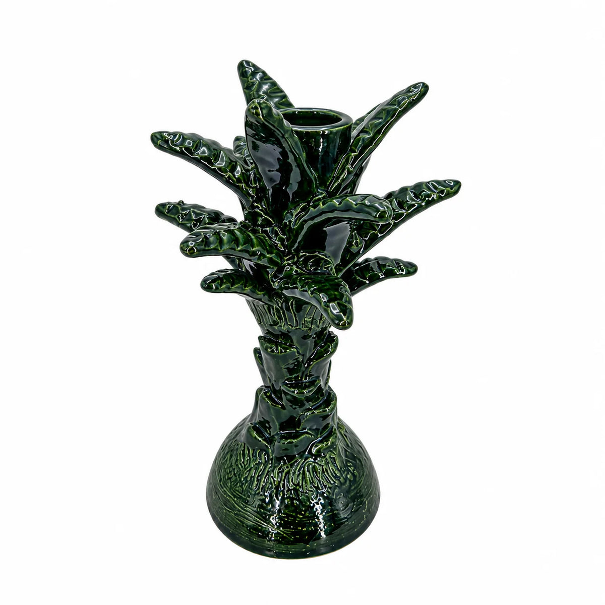 A glossy dark green ceramic vase sculpted in the shape of a pineapple, featuring a textured base and leafy top, set against a plain white background.