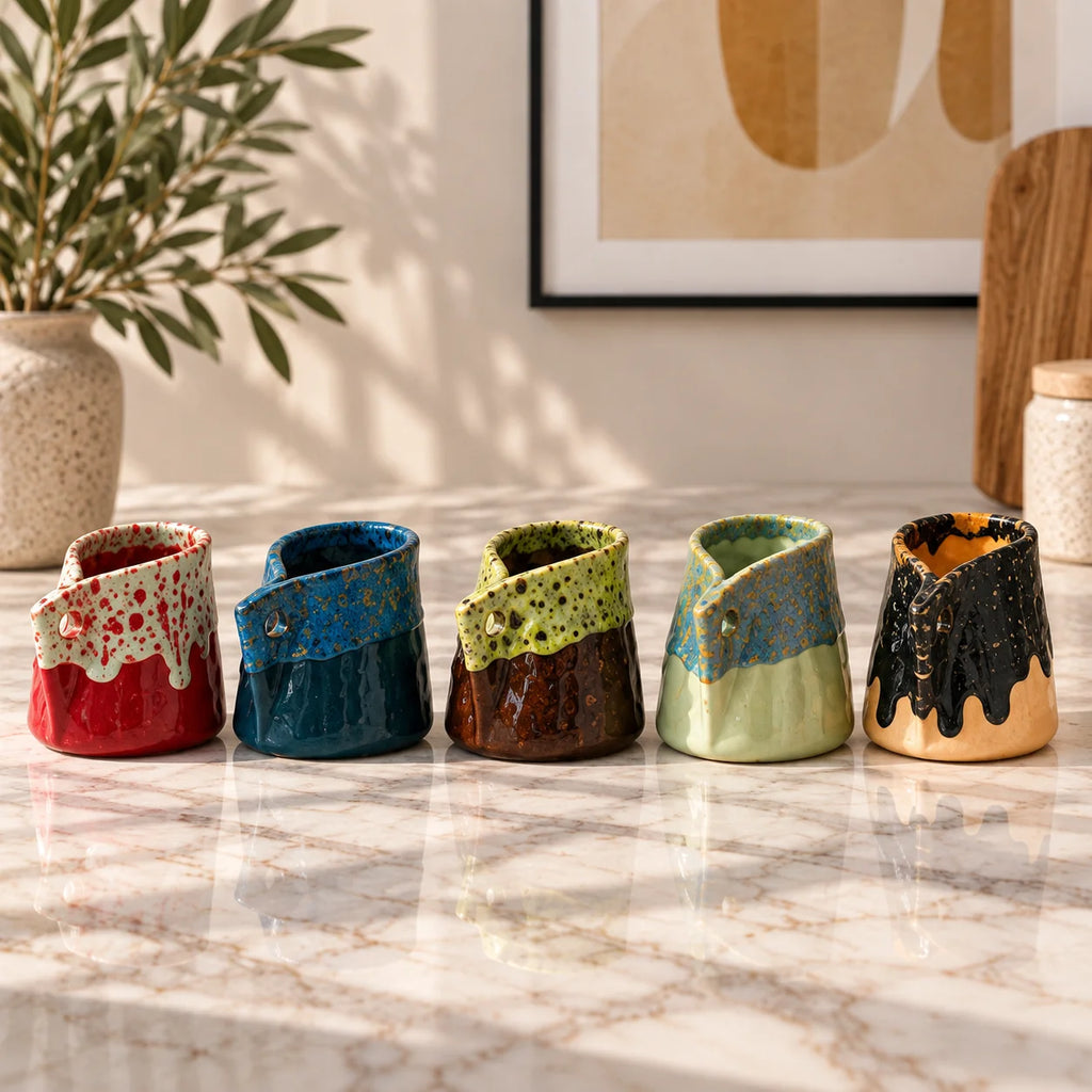 Five handmade ceramic volcano-shaped cups lined up on a polished marble countertop in a kitchen setting, featuring colorful glazes including red, blue, green, beige, and black.