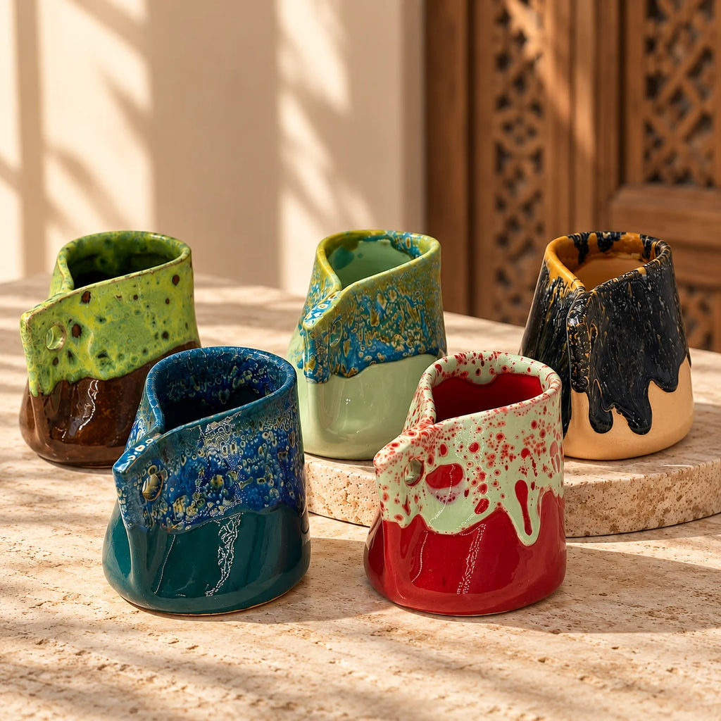 Five handmade ceramic pitcher-like vessels with glossy glazes in assorted colors, arranged on a stone surface in warm natural light.