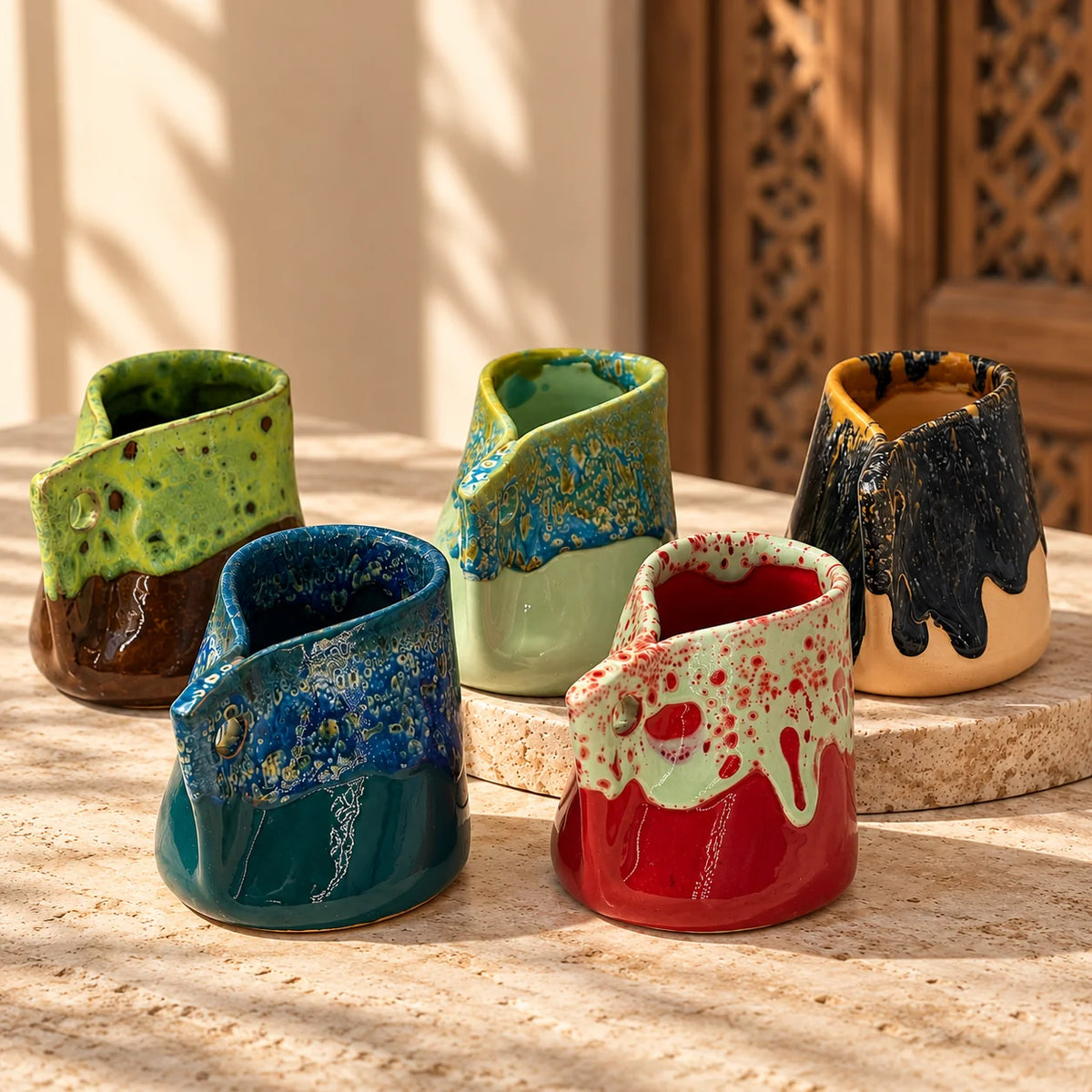 Five handmade ceramic pitcher-like vessels with glossy glazes in assorted colors, arranged on a stone surface in warm natural light.
