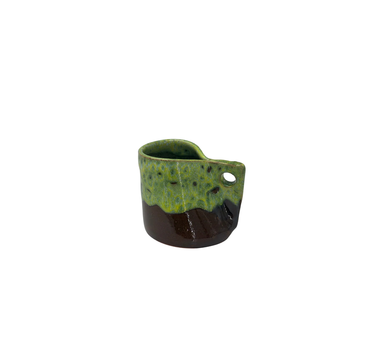 A small ceramic planter or cup with a two-tone glaze, featuring a textured lime green top half and a dark brown bottom half, set against a plain white background.